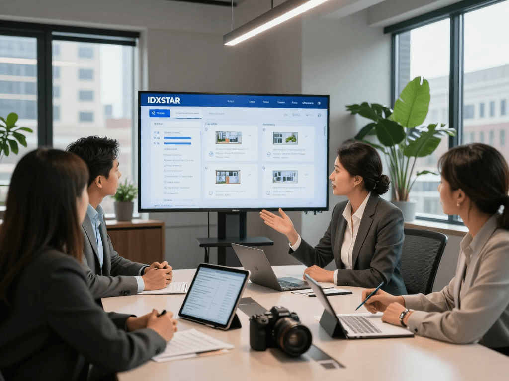 Real estate agents collaborating over IDXSTAR property listings in a modern office.