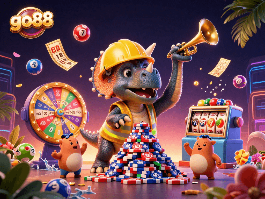 Celebrate exciting wins with go88's 3D animated triceratops casino scene filled with vibrant lottery elements.