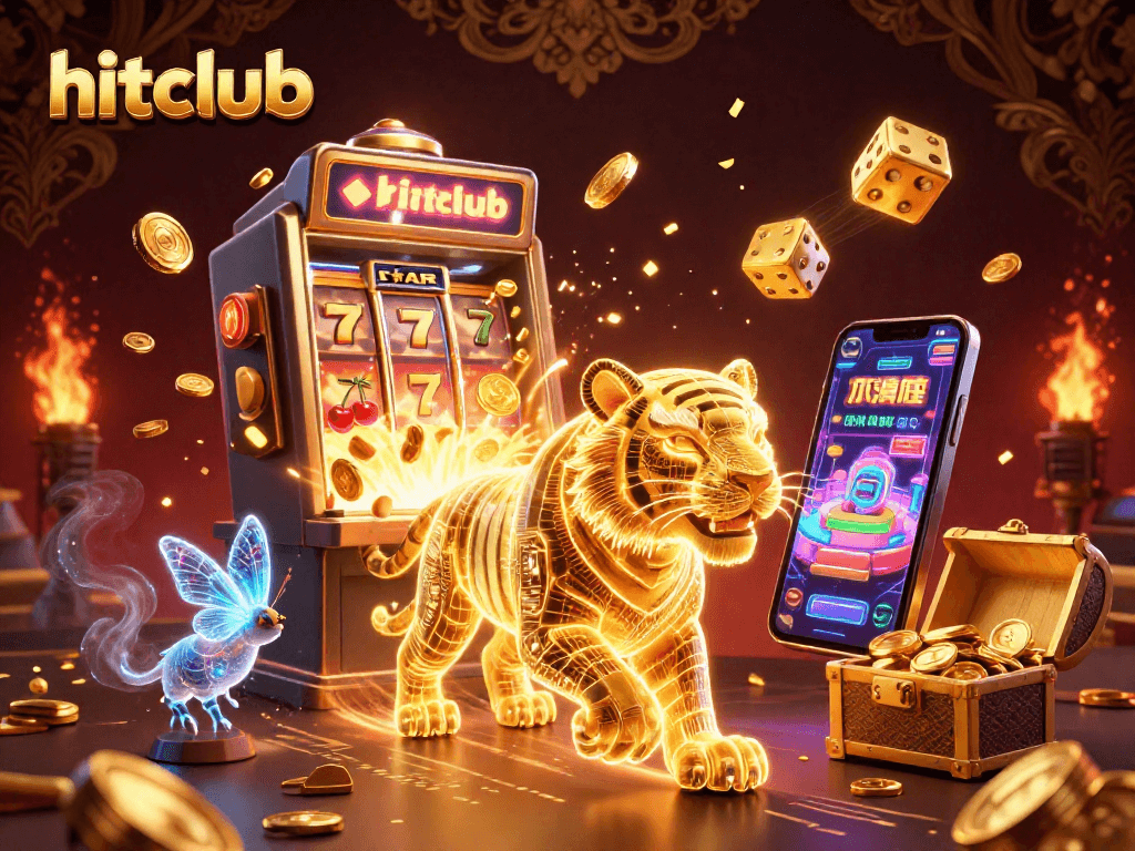 Experience hitclub's vibrant casino world with a golden tiger amidst thrilling slot machine action.