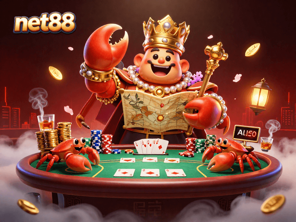 Engage with net88's thrilling gambling scene, featuring a golden crab emperor in a vibrant casino atmosphere.