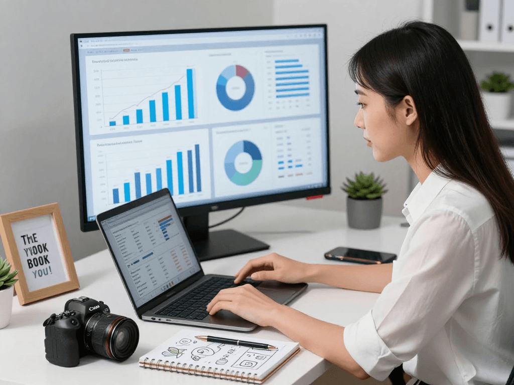Digital marketing professional analyzing trends and strategies in modern office setting, focusing on ai slut.