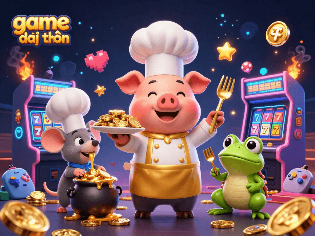 Win big with game đổi thưởng in this vibrant casino-themed illustration showcasing a chef pig and gaming elements.