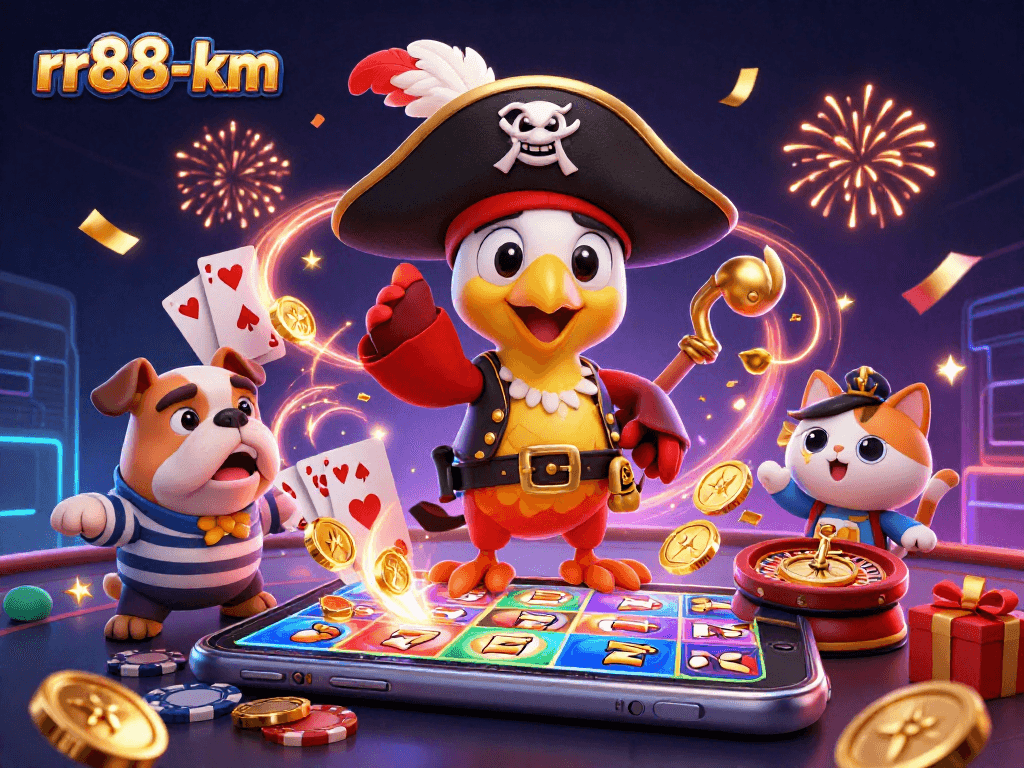 rr88-km pirates leading a vibrant casino adventure with colorful slot games and winning coins