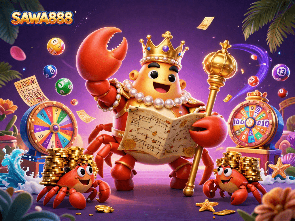 Experience SAWA888's excitement with a vibrant 3D scene of gaming treasures and dynamic characters.