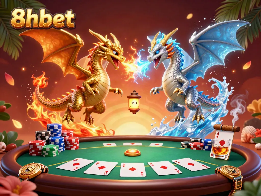 Experience the dynamic energy of 8xbet with a captivating scene featuring a yin-yang clash of fire and ice, surrounded by poker elements.