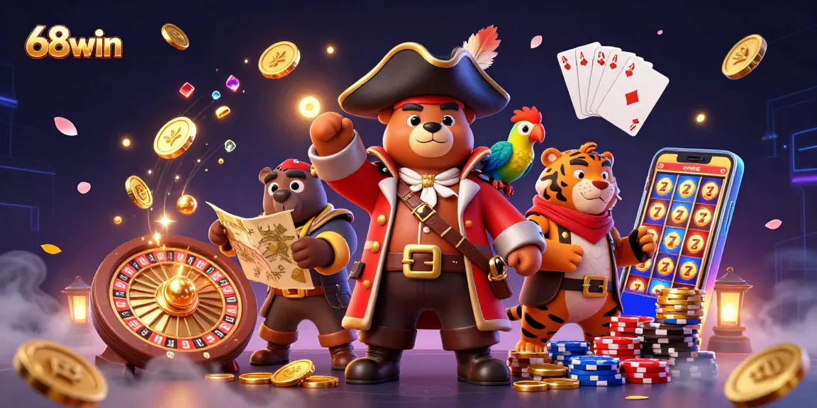Experience thrilling gaming adventures with 68win's vibrant and dynamic casino scene featuring animated characters and bright game elements.