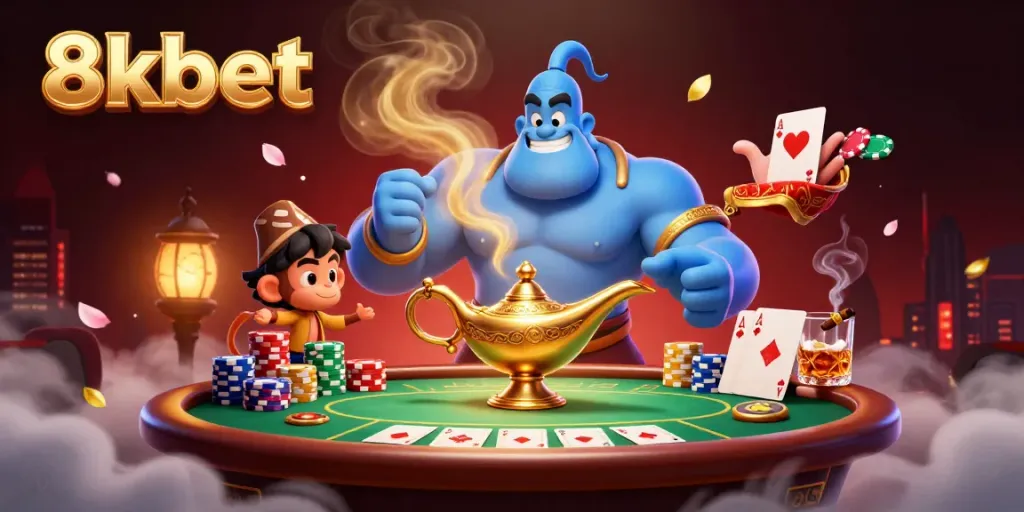 Engage with 8xbet’s vibrant casino scene featuring a magical genie and poker elements.