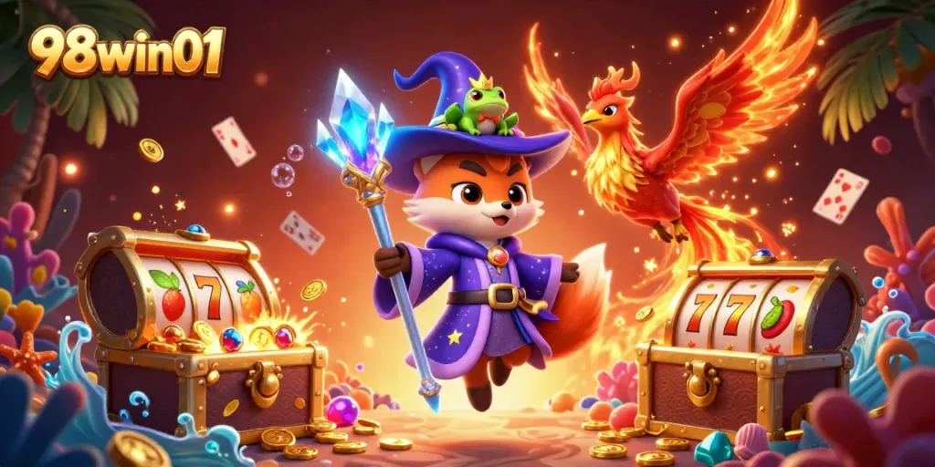 Engage with 98win01 in this vibrant 3D scene filled with fantasy and casino elements.