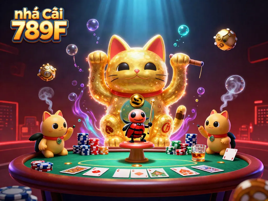 Engaging scene showcasing Nhà cái 789F with golden fireflies as a lucky cat and casino elements for a vibrant casino experience.