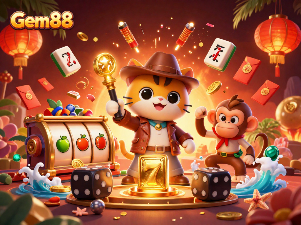 Experience Gem88 with vibrant illustrations featuring a cat explorer and casino symbols.