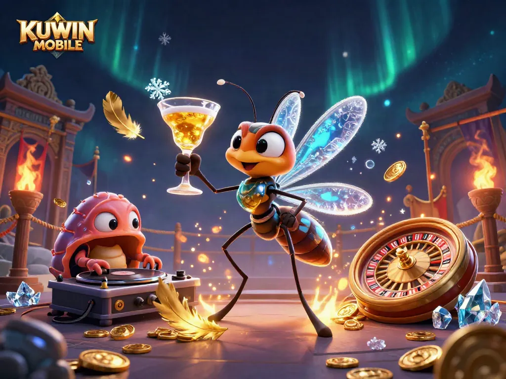 Experience the excitement of KUWIN MOBILE with a dynamic gaming illustration featuring a casino mascot and unique game elements.