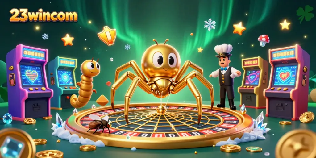 Engage with the dynamic 23wincom gaming scene, featuring a roulette web, colorful machines, and bet-placing action.