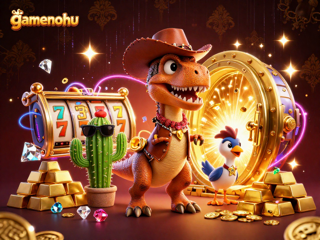 Engage with gamenohu's vibrant 3D world showcasing exciting slot games and character fun.