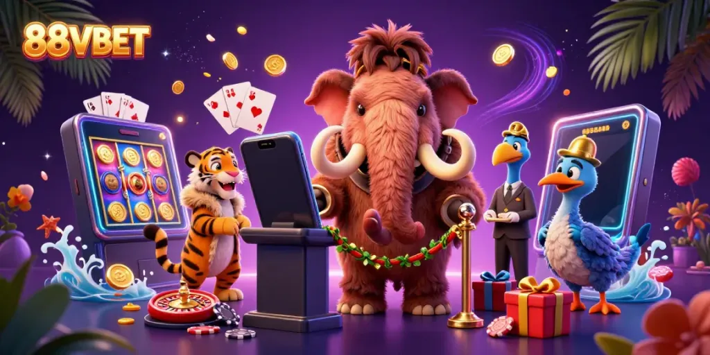 Engage with the vibrant world of 88V BET in a cartoon casino scene with lively characters and games.
