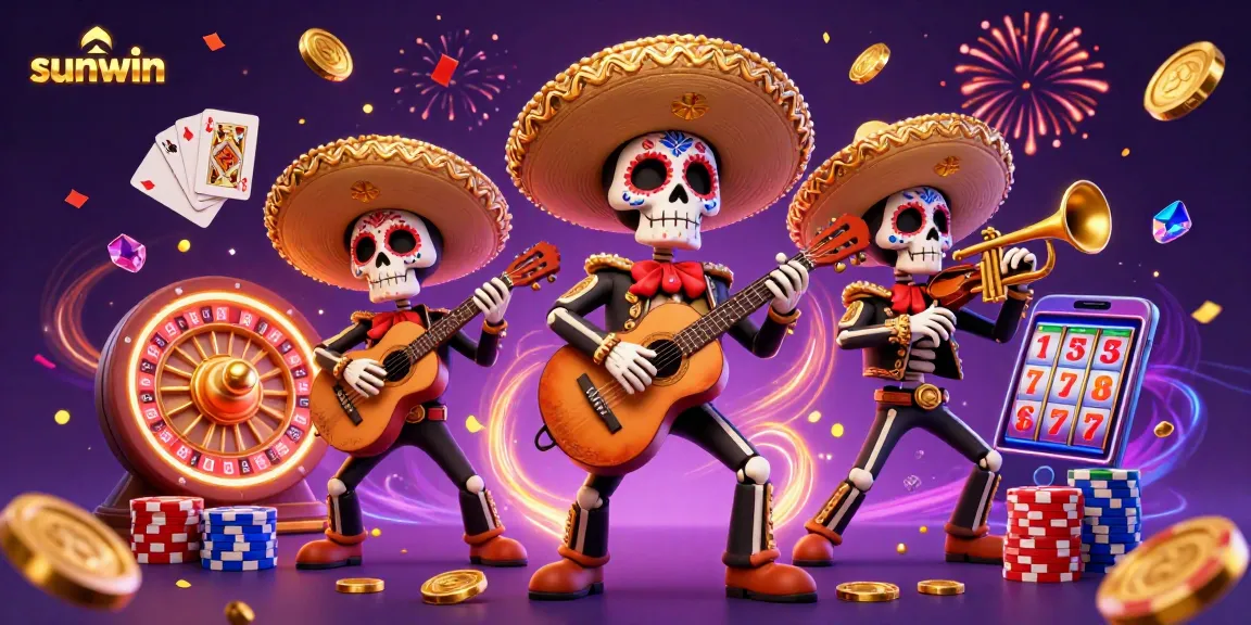 Engage with sunwin's vibrant casino world featuring a lively mariachi band amidst dazzling jewels and coins.