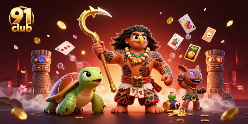 Engage with 91 club’s thrilling gaming elements featuring vibrant character illustrations and entertaining themes.