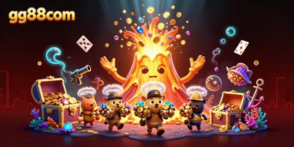 Experience excitement with gg88com's golden volcano erupting treasures in a vibrant casino scene.