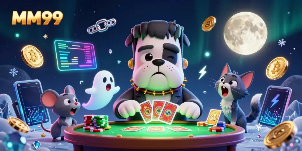 Engage in thrilling card games at MM99, where a cartoon bulldog dealer brings fun to life with unique characters and casino elements.