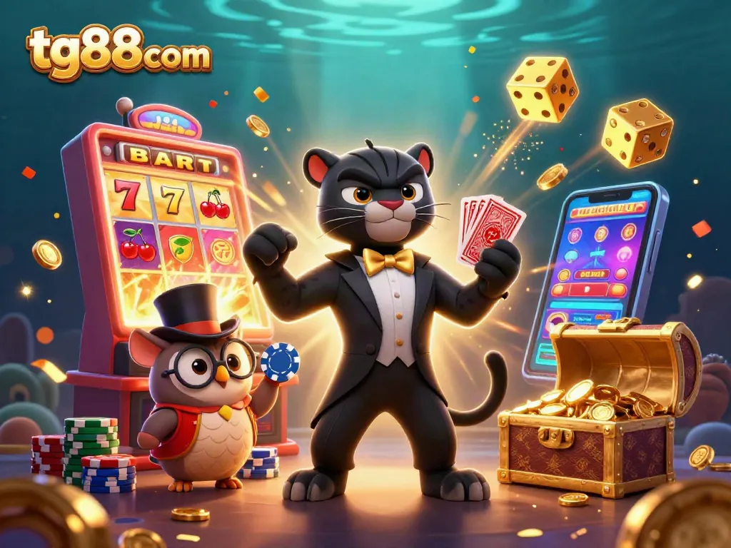 Engage with tg88com’s vibrant casino world through a lively illustration depicting a stylish panther dealing cards.