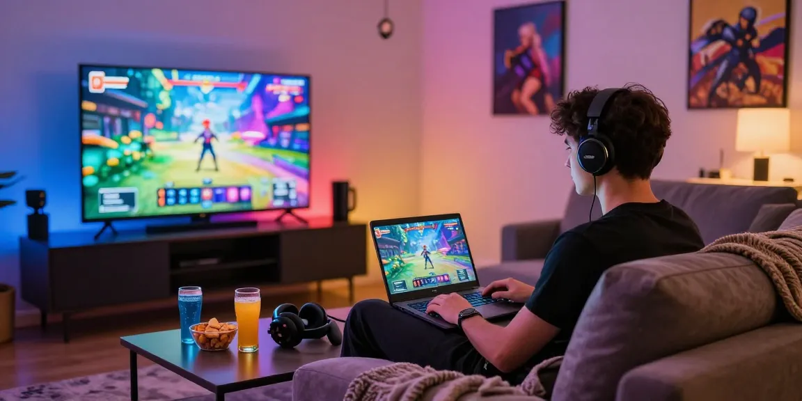 Engaging gamer enjoying a porn game online in a stylish room, enhanced by ambient lighting and colorful snacks.