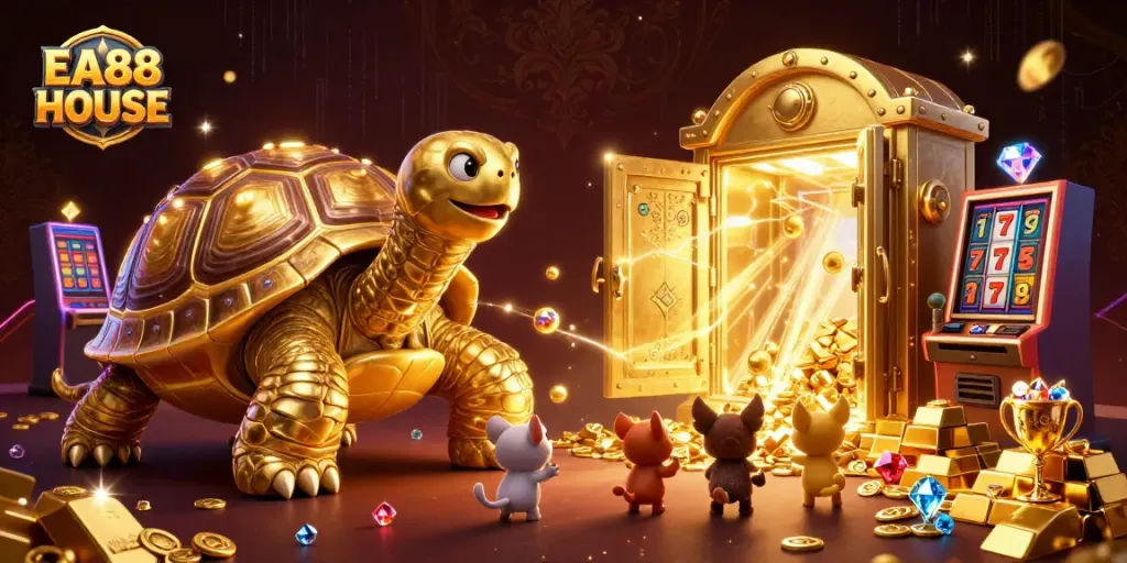 Engage with thrilling games at EA88 HOUSE featuring a vibrant 3D casino scene full of excitement and rewards.