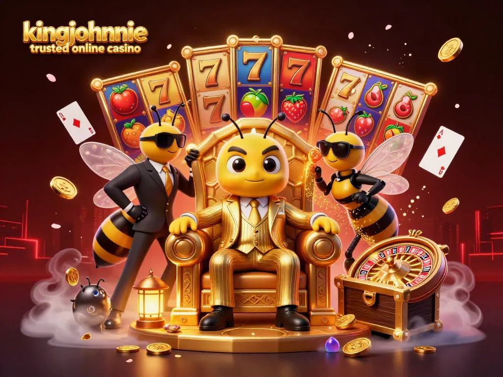 Experience the kingjohnnie trusted online casino with vibrant slot reels and an animated bumblebee mob boss.