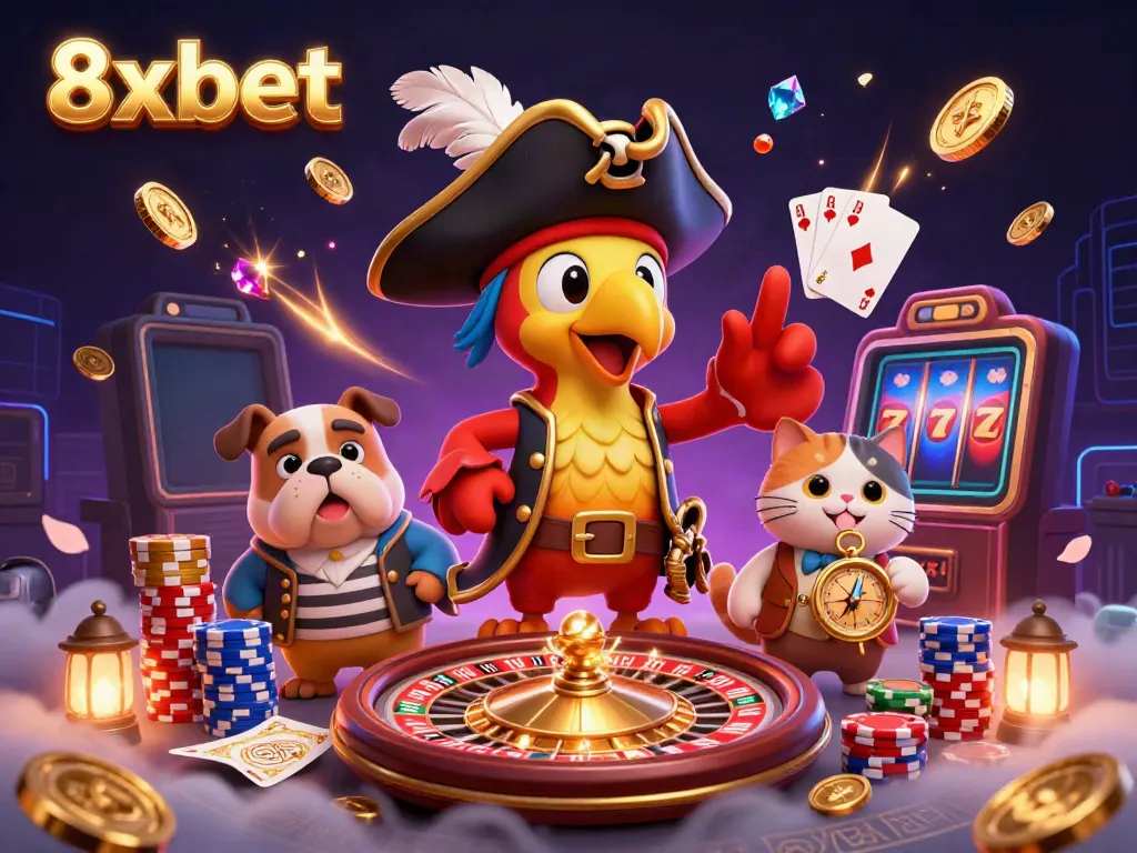 Experience thrilling gaming at 8xbet with 3D pirate characters and vibrant casino elements.