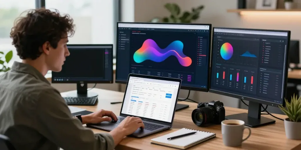 Digital marketing professional analyzing instant indexing strategies in a bright office.