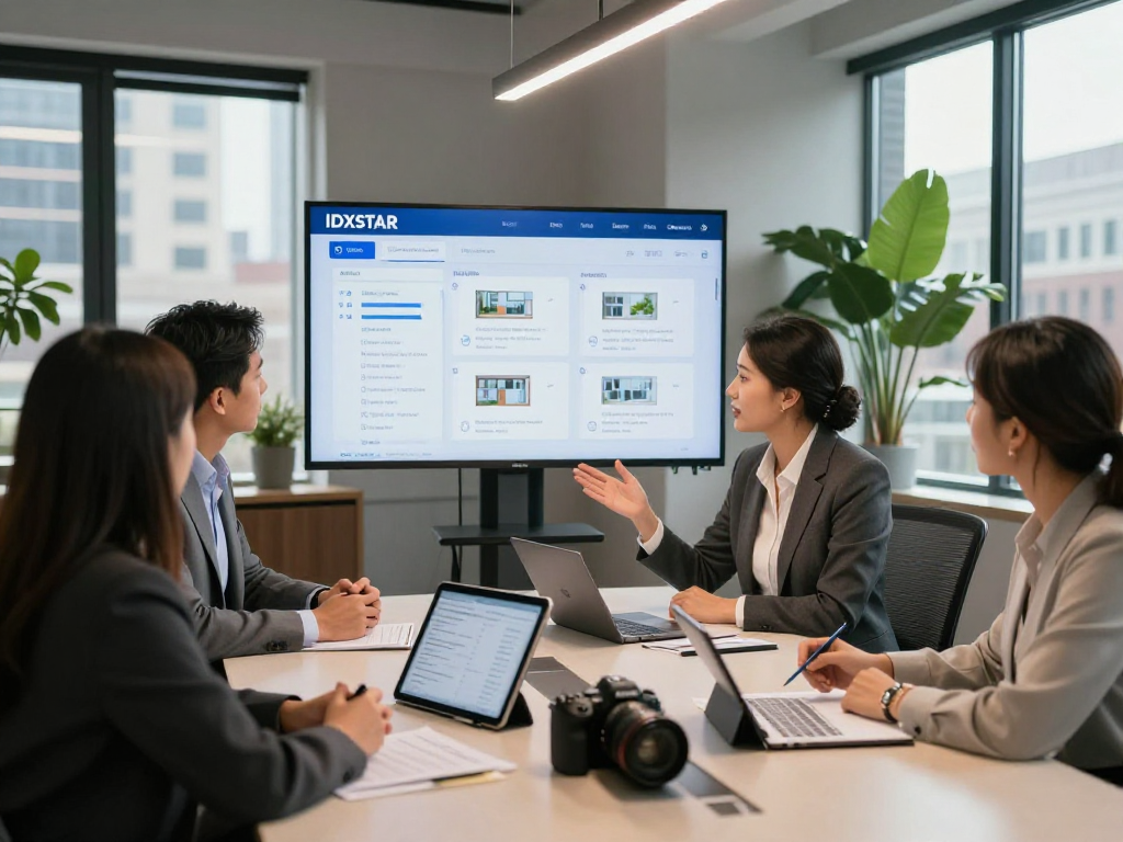 Real estate agents collaborating over IDXSTAR property listings in a modern office.