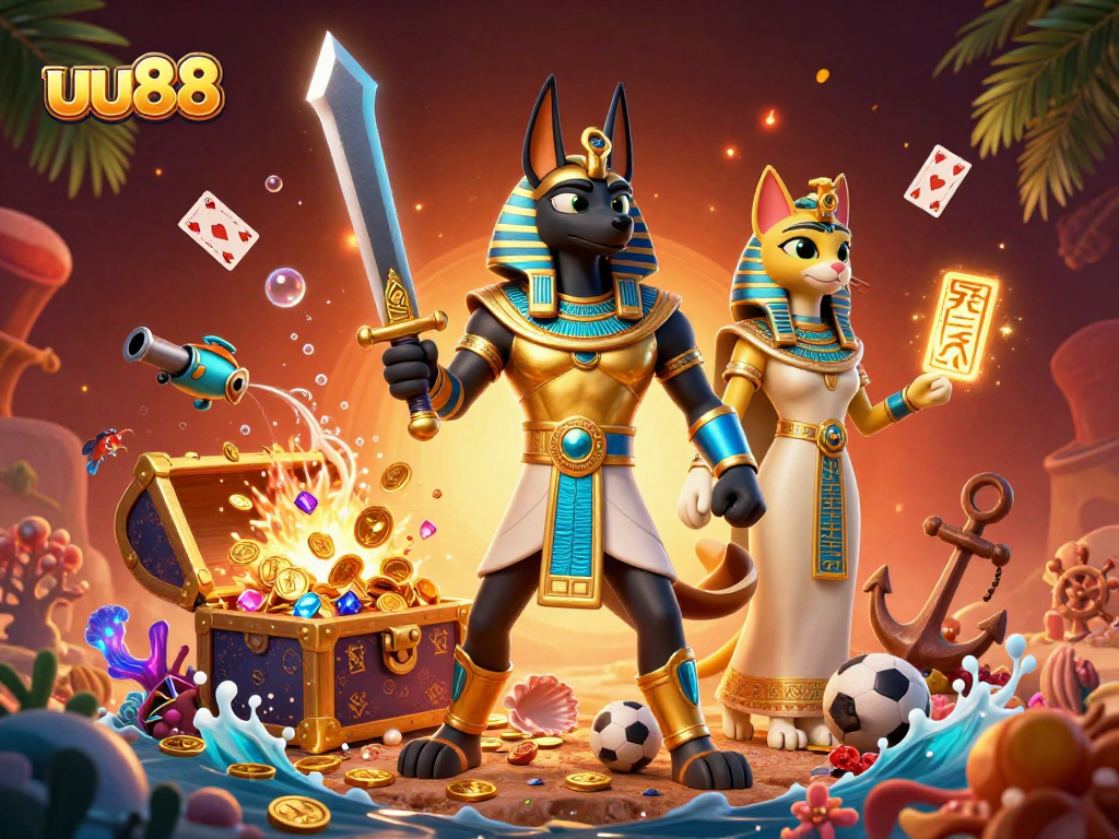 Experience thrilling bets with uu88, featuring Anubis and Bastet amidst vibrant casino treasures.