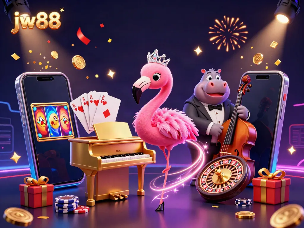Experience the thrill of JW88 with a vibrant, lively casino scene showcasing dynamic characters.