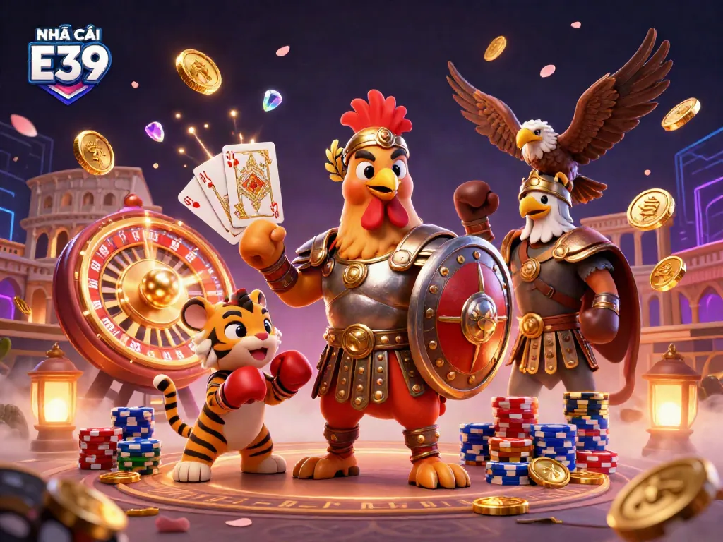 Experience the thrill of NHÀ CÁI E39 with dynamic casino action, featuring a rooster warrior and treasure elements.