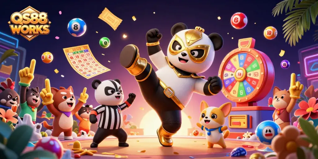 Experience thrilling gaming moments with QS88 WORKS in this vibrant casino illustration.