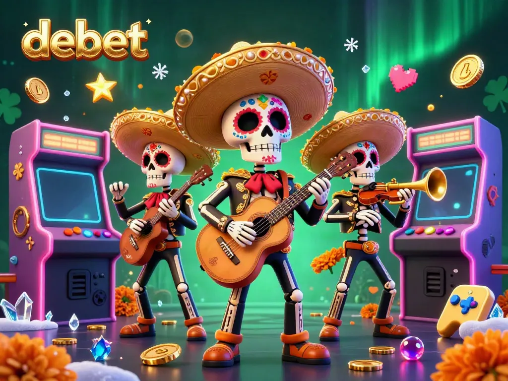 Experience vibrant gaming with Debet's 3D mariachi band in a lively casino scene.