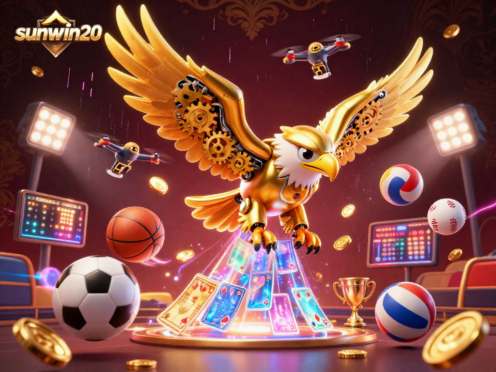 Experience dynamic sports betting with sunwin20, featuring a cybernetic eagle and festive game elements.