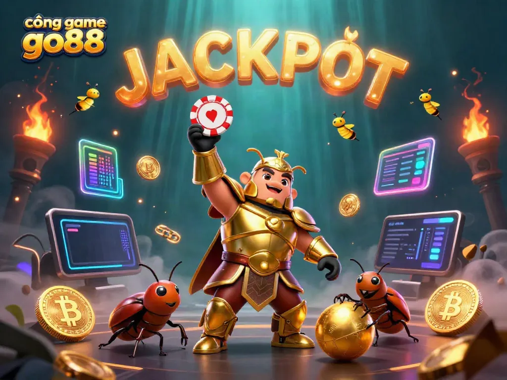 Experience thrilling gameplay at cổng game go88 with our playful champions celebrating a jackpot win amidst glowing coins.