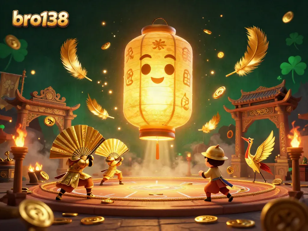 Play exciting games with bro138 in a vibrant night market casino scene, packed with winning symbols and characters.