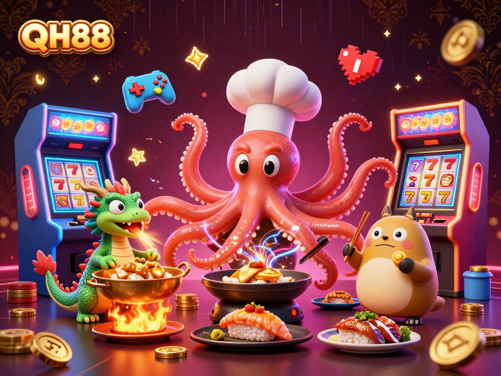 Engage with QH88's vibrant casino illustration featuring an octopus chef and exciting game elements.