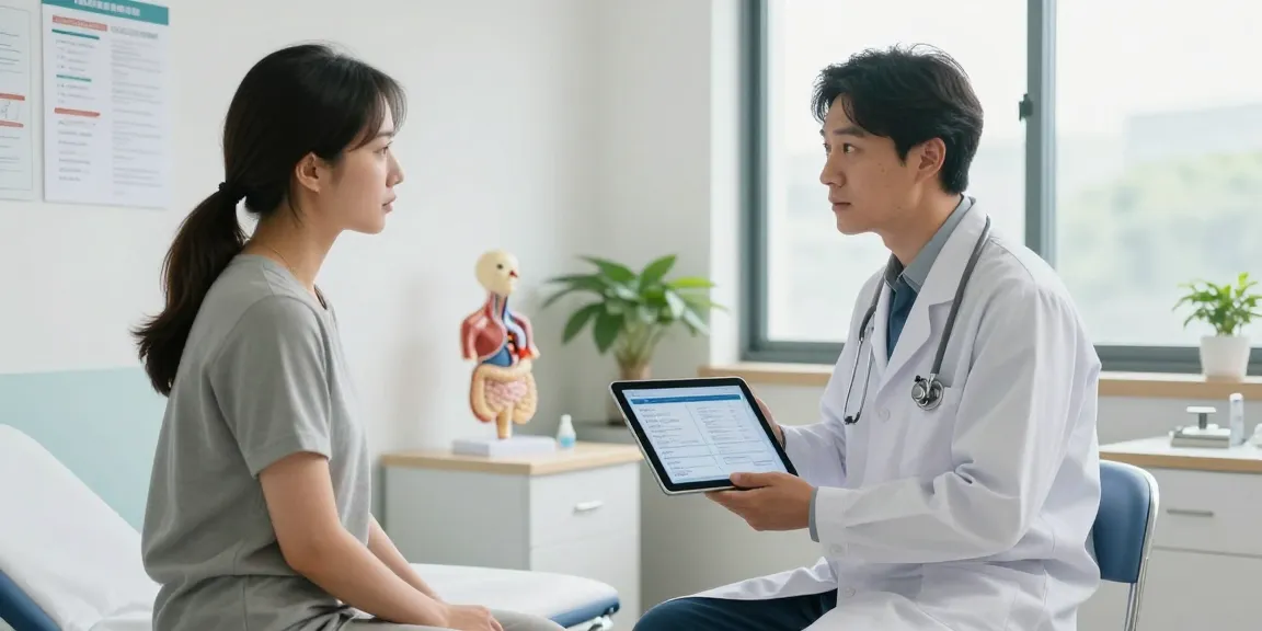 Patient discussing hiatal hernia symptoms and treatment with a doctor in a modern clinic.