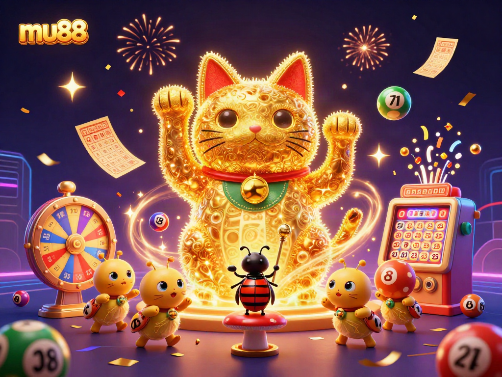 Experience the magic of mu88 with a vibrant lucky cat illustration featuring lottery elements.