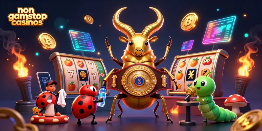Engaging illustration showcasing non gamstop casinos with unique casino elements in a playful 3D scene.