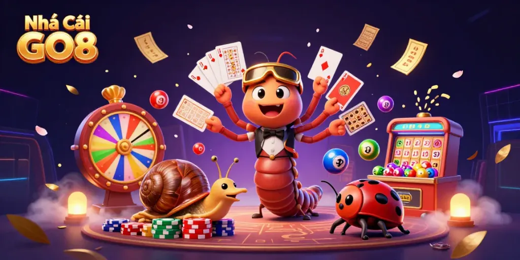 Engage in thrilling action at Nhà Cái GO8 with a vibrant 3D digital casino scene featuring unique characters and dynamic game elements.