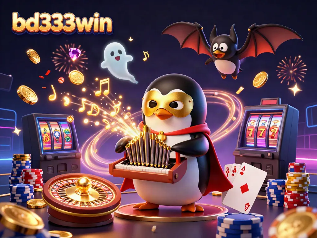 Experience the magic of bd333win with a penguin playing organ, a bat acrobat, and golden coins cascading.