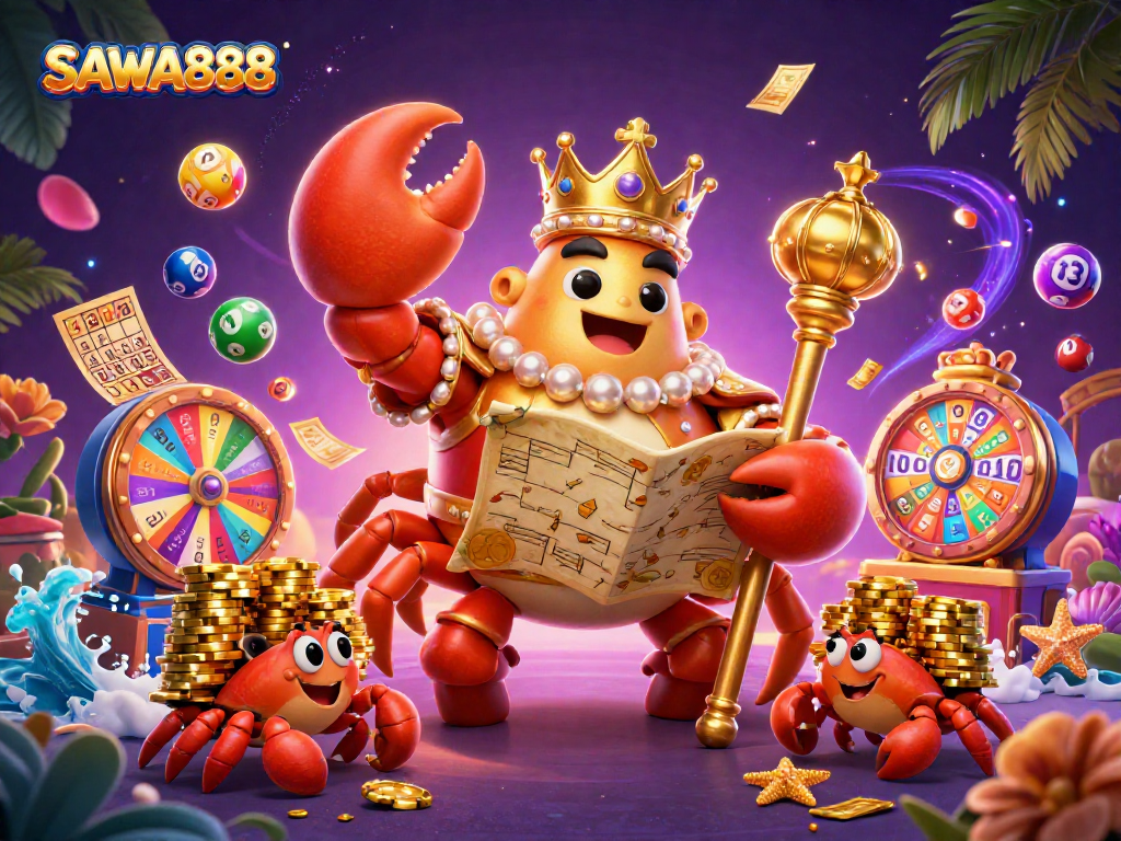 Experience SAWA888's excitement with a vibrant 3D scene of gaming treasures and dynamic characters.