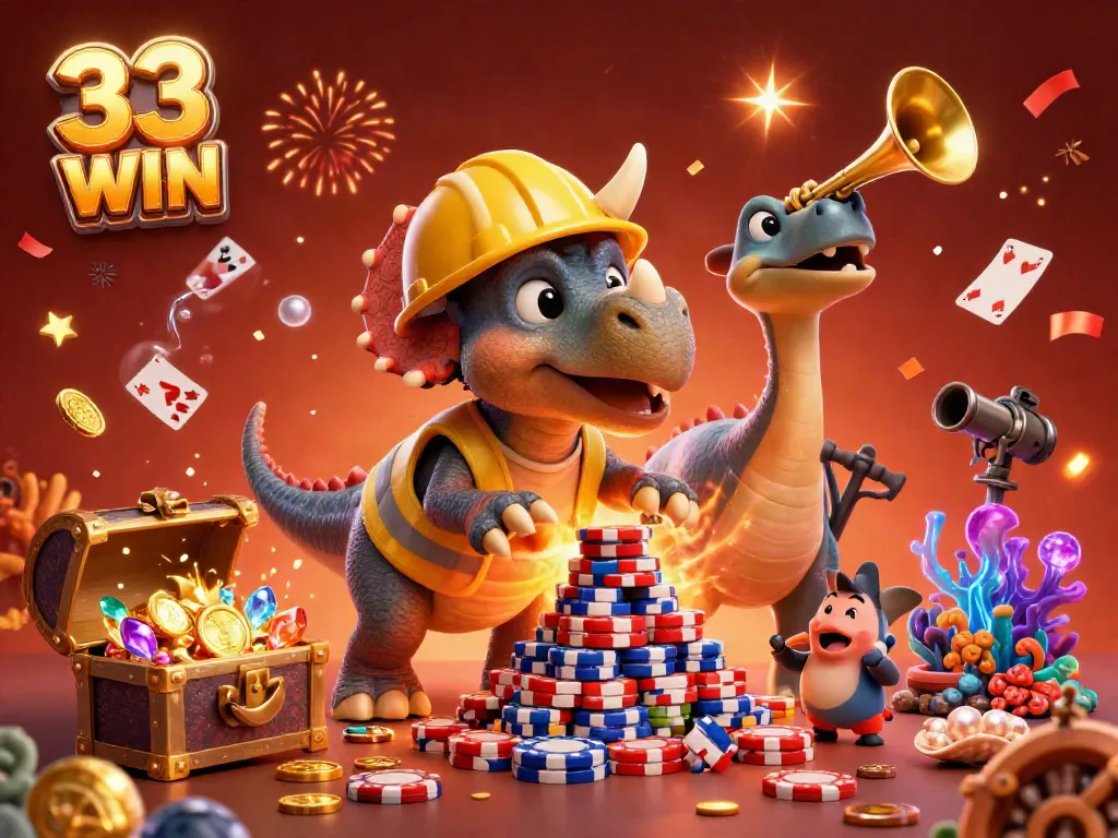 Celebrate your wins with the vibrant 33 WIN casino scene featuring colorful dinosaurs and coin treasures.