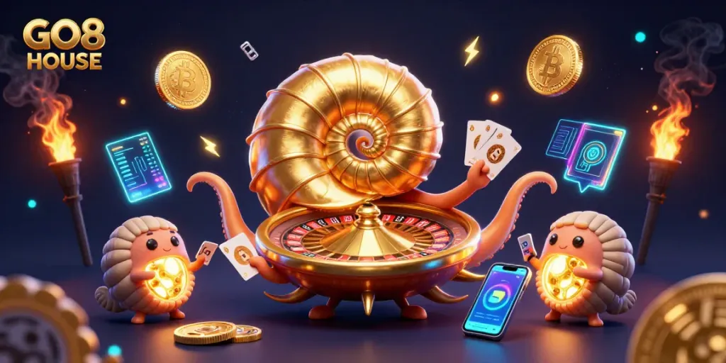 Engage with exciting gaming at GO8 HOUSE, featuring a vibrant casino scene with a nautilus and glowing coins.