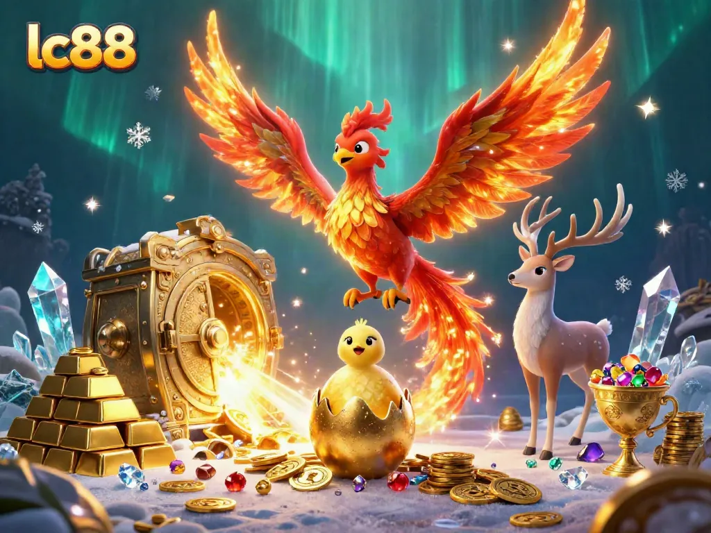 Engage in thrilling gameplay with lc88 as a fire phoenix soars amidst treasures and riches.