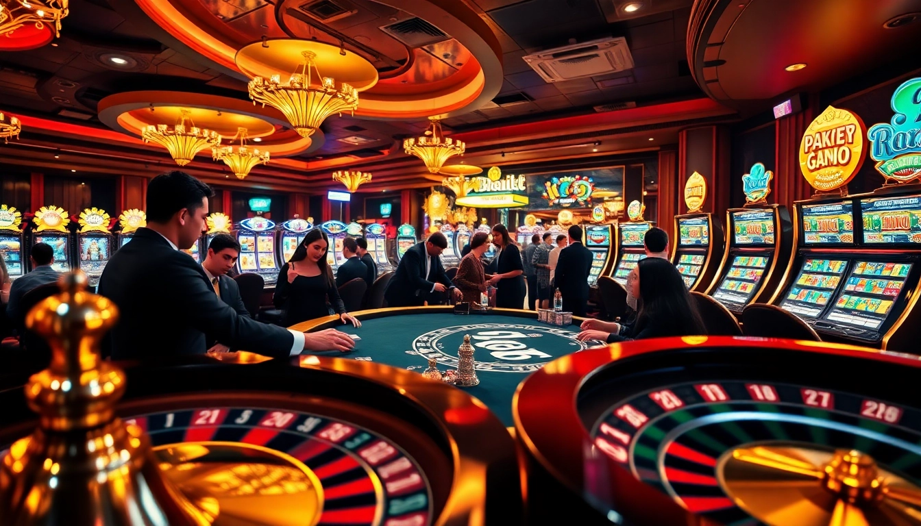 Experience the thrill of high-stakes gambling at an online casino with link 8kbet, showcasing vibrant slot machines and roulette.
