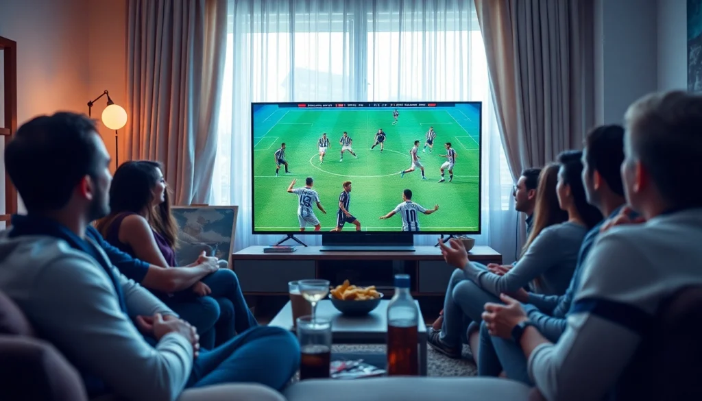 Vibrant scene of football viewers engaged with joemadfan.com live streaming on a modern TV.