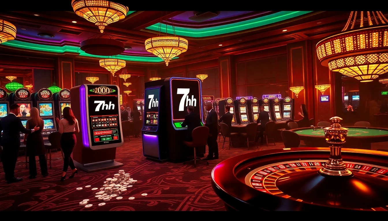 Players enjoying a luxurious casino experience at 7hh with vibrant slot machines and poker tables.